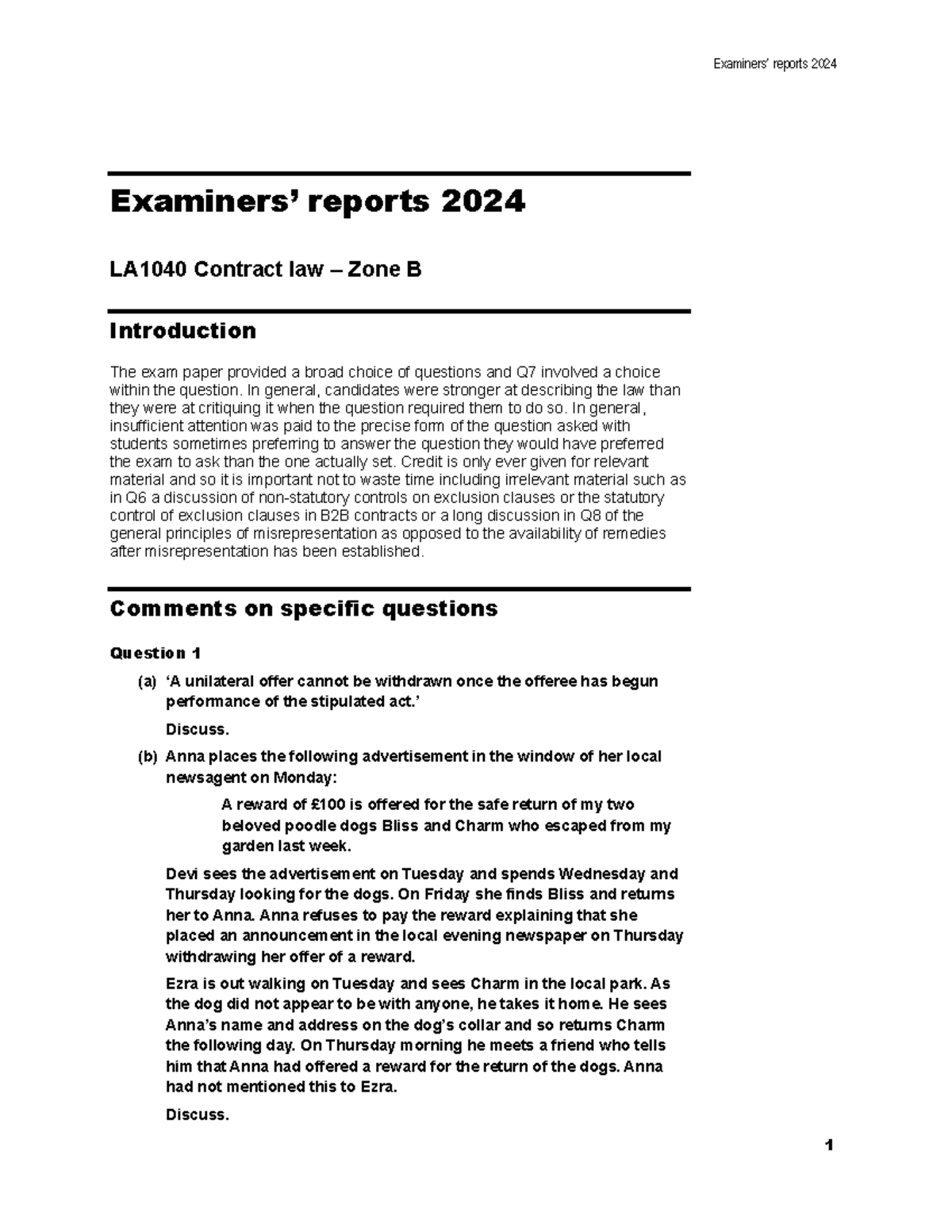 Contract Law Report 2024: Insights and Analysis for LA1040 - Studocu