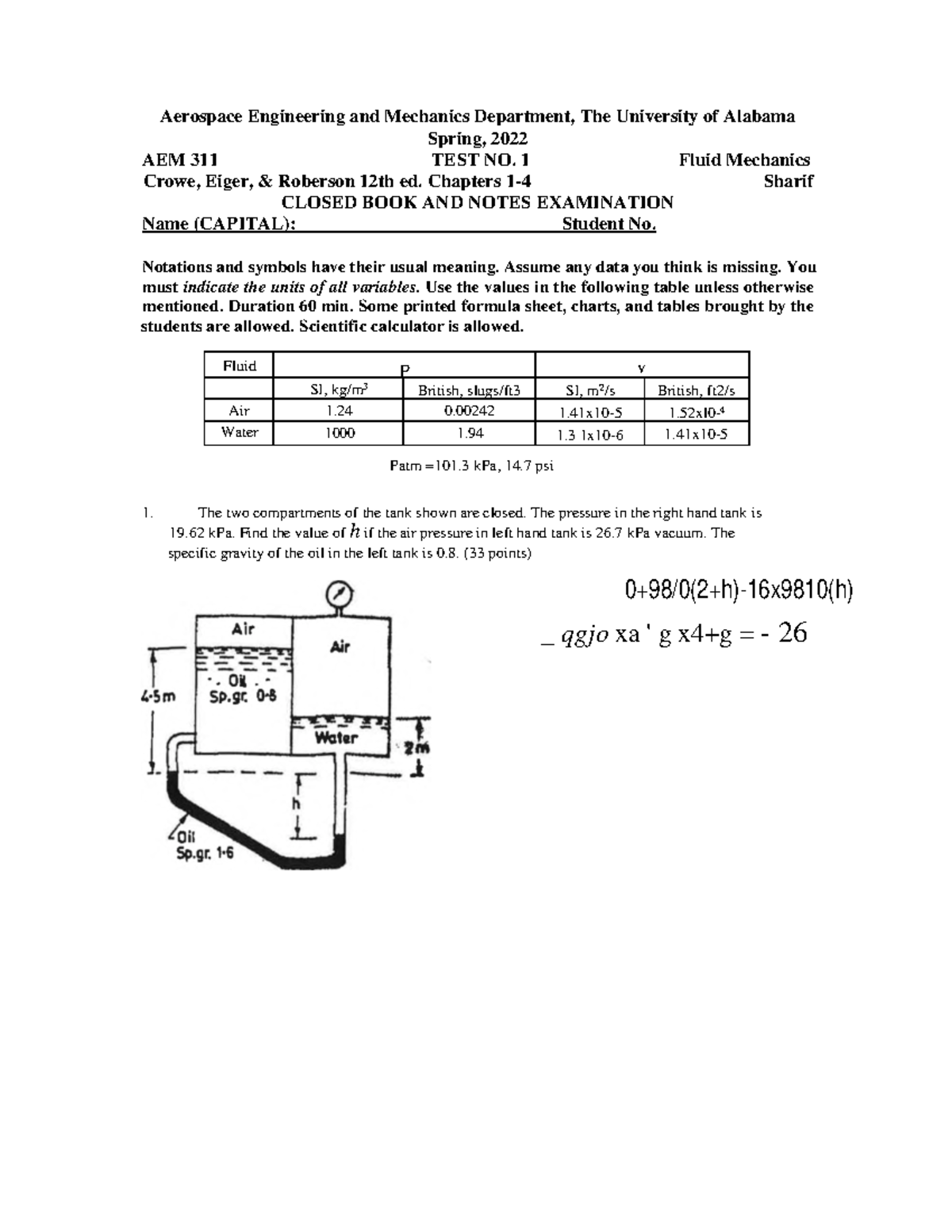 AEM 311 Test and Quiz Answers on Fluid Mechanics (Chapters 1-8) - Studocu