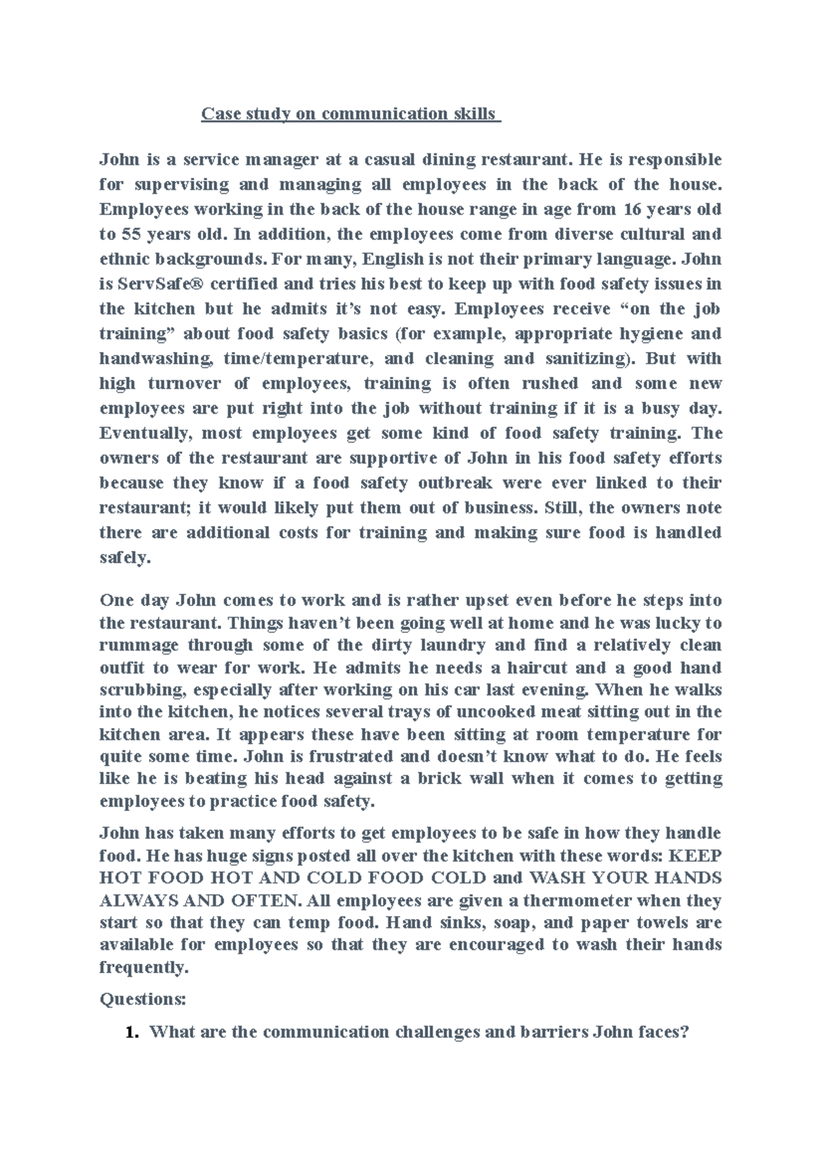 Case study on communication skills - He is responsible for supervising ...