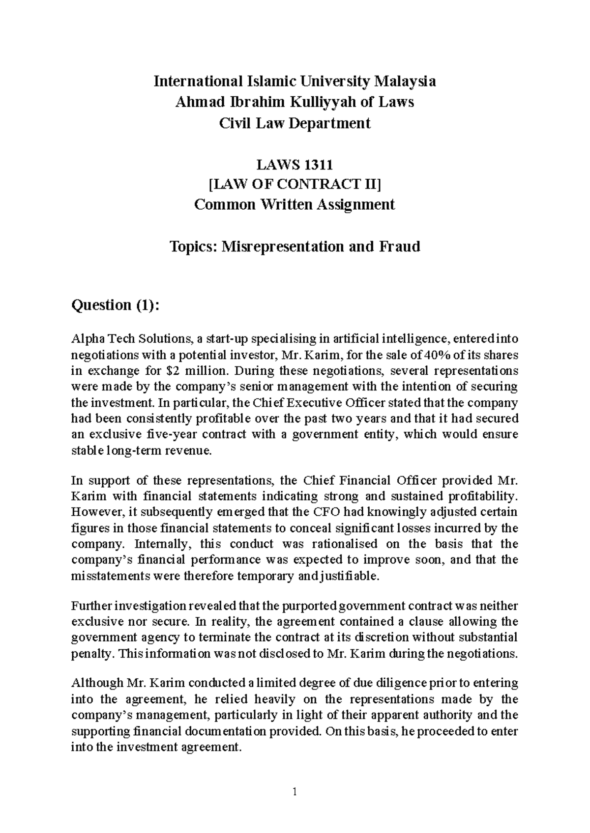 Written Assignment - LAWS 1311: Misrepresentation & Fraud in Contract ...