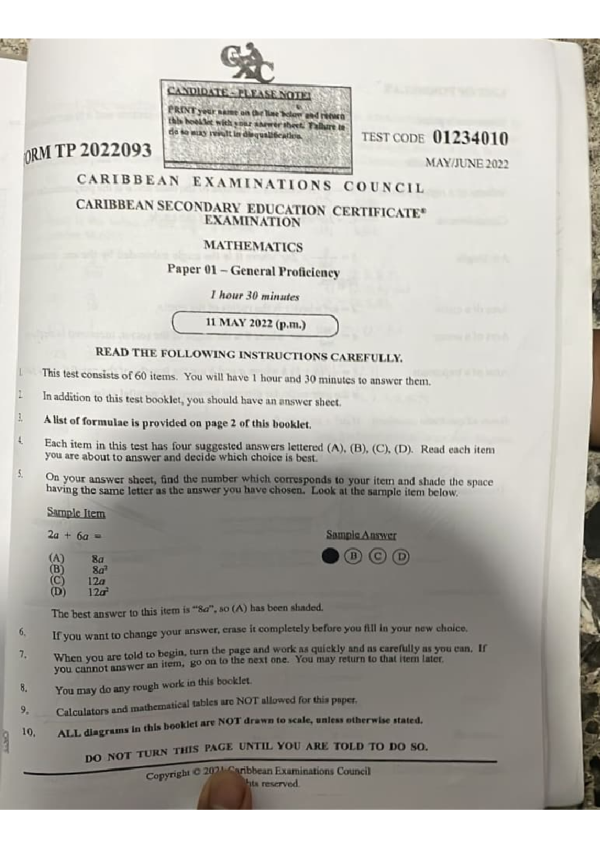 June 2022 CSEC Mathematics Paper 01 Exam Instructions and Questions ...