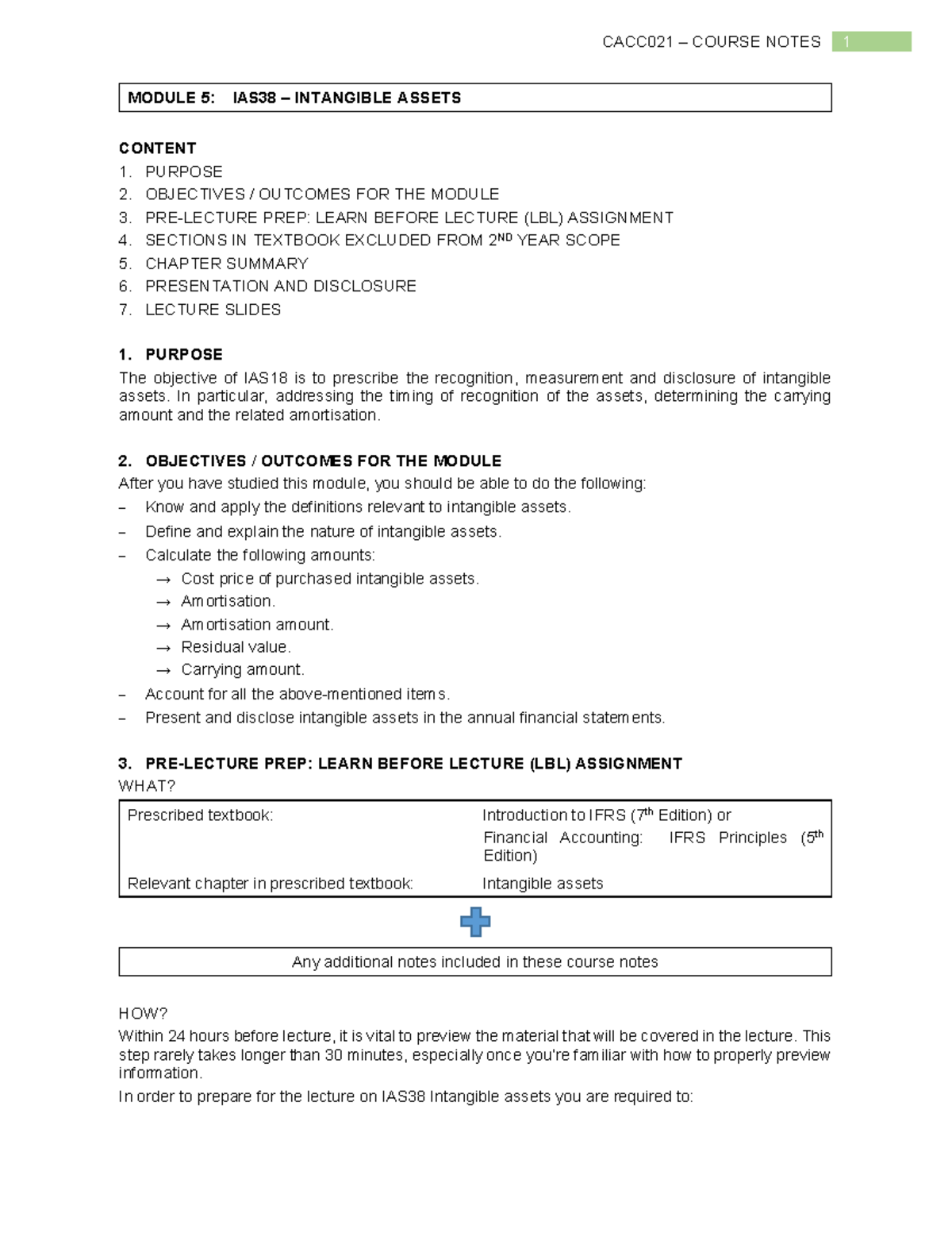 CACC021 COURSE NOTES: IAS 38 Intangible Assets Overview and Key ...