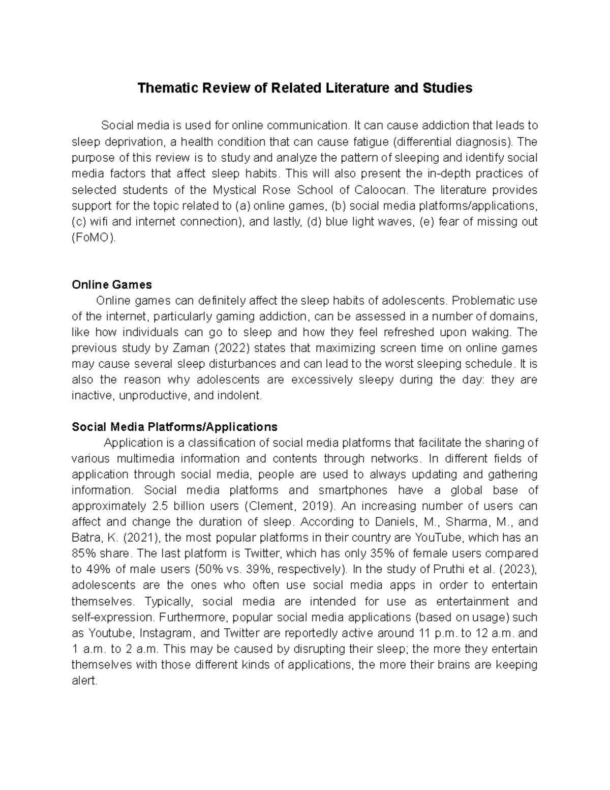 Thematic Review on Social Media Impact on Sleep Habits: RRL - Studocu