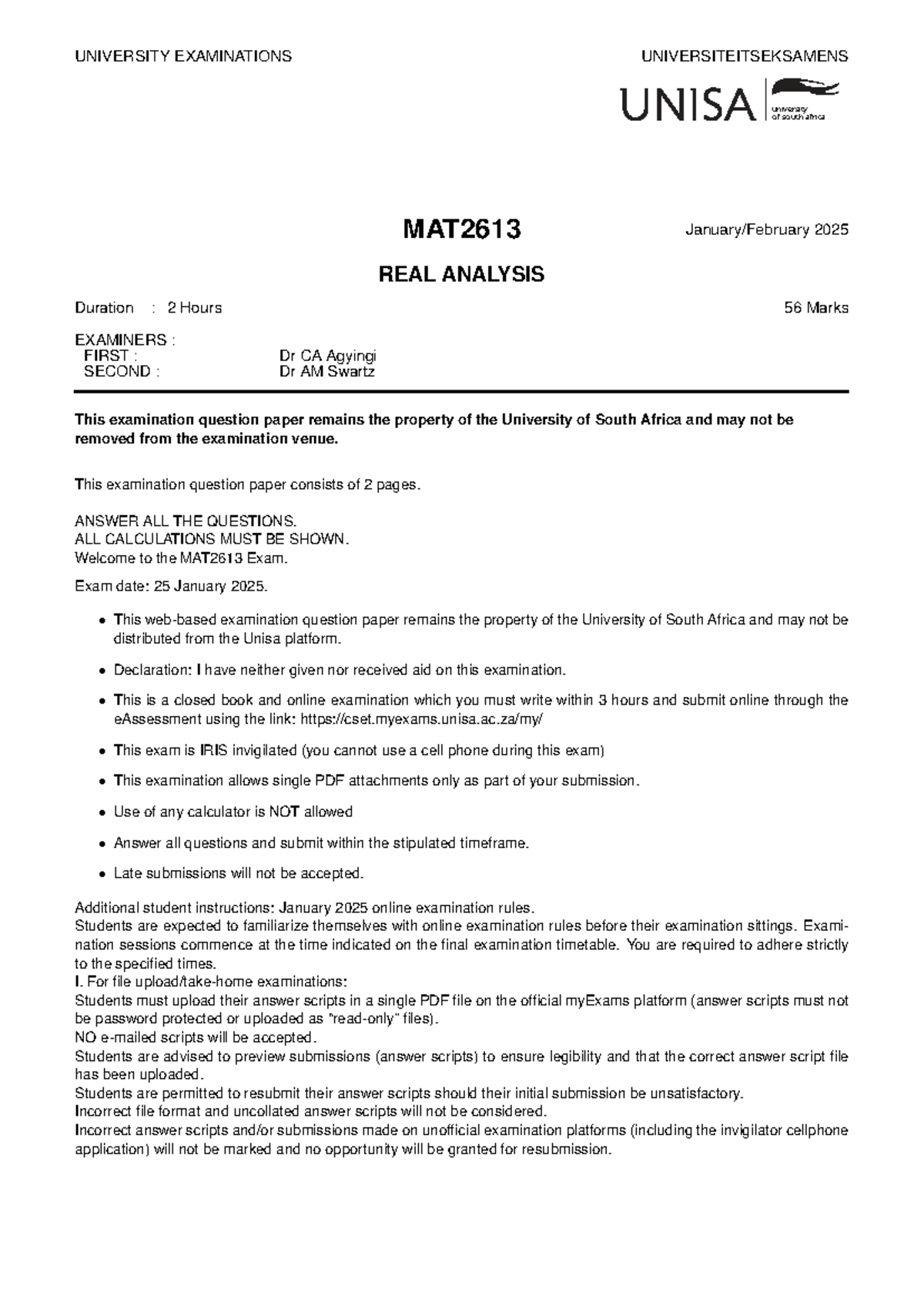 MAT2613 Final Exam January 2025 - Real Analysis Questions - Studocu