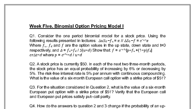 FNCE30007 Tutorials: Binomial Option Pricing Models and Greek Letters ...