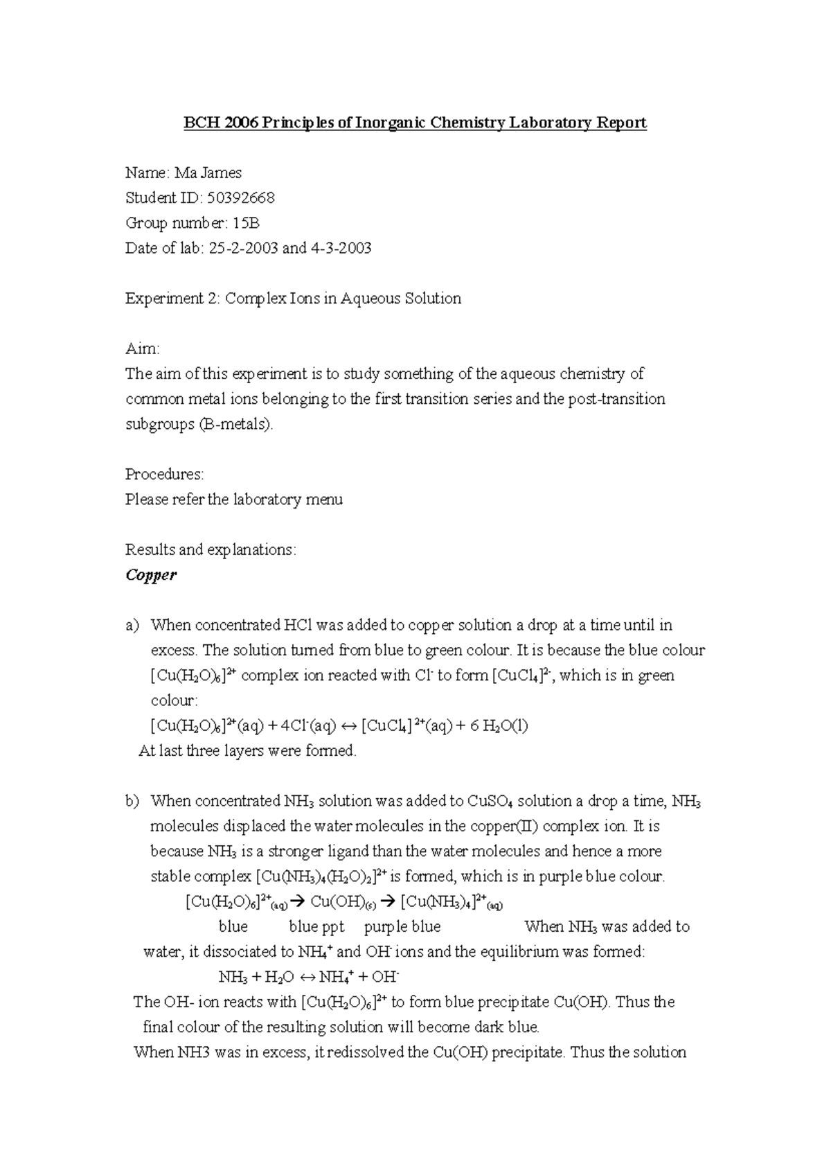 BCH 2006 Lab Report: Complex Ions in Aqueous Solutions - Exp 2 - Studocu