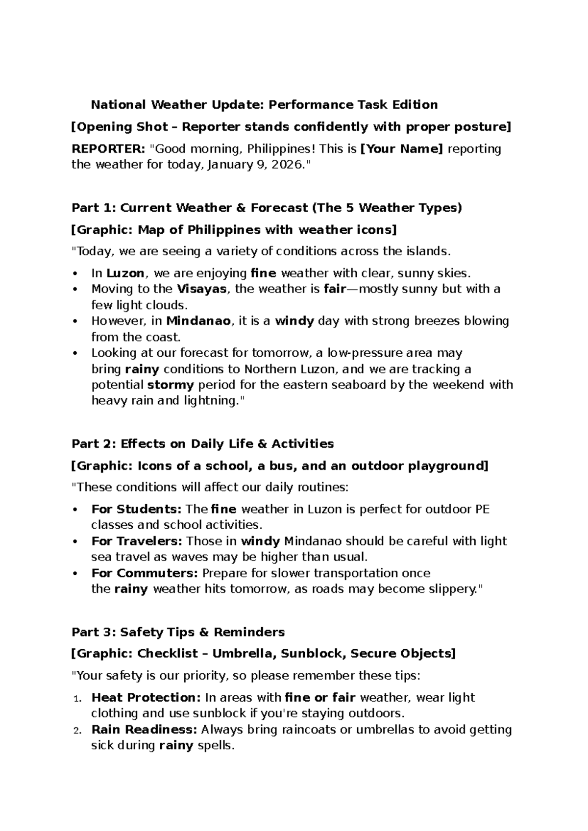 National Weather Update: Performance Task - Jan 9 Forecast - Studocu