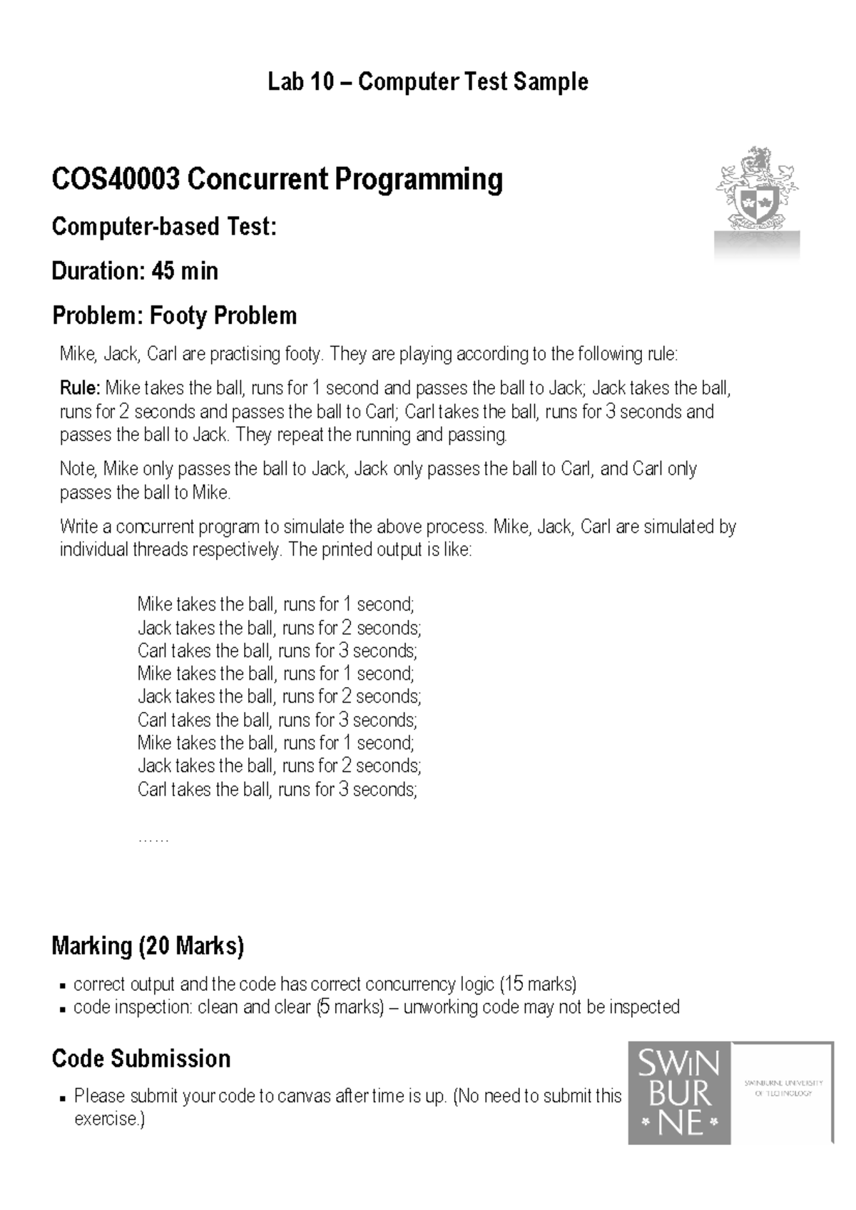 Lab 10: Concurrent Programming Test - Footy Problem Simulation - Studocu