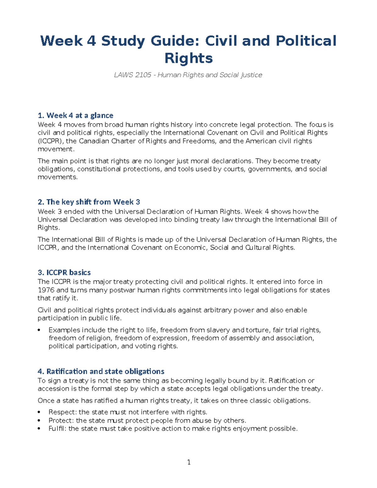 Week 4 Study Guide: Civil and Political Rights LAWS 2105 - Studocu