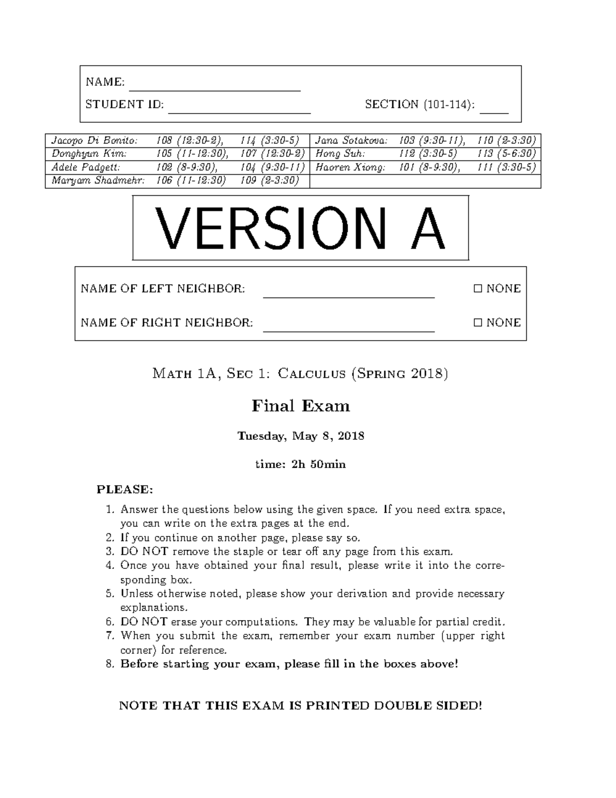 Practice-final - Practice final exam questions - NAME: STUDENT ID ...
