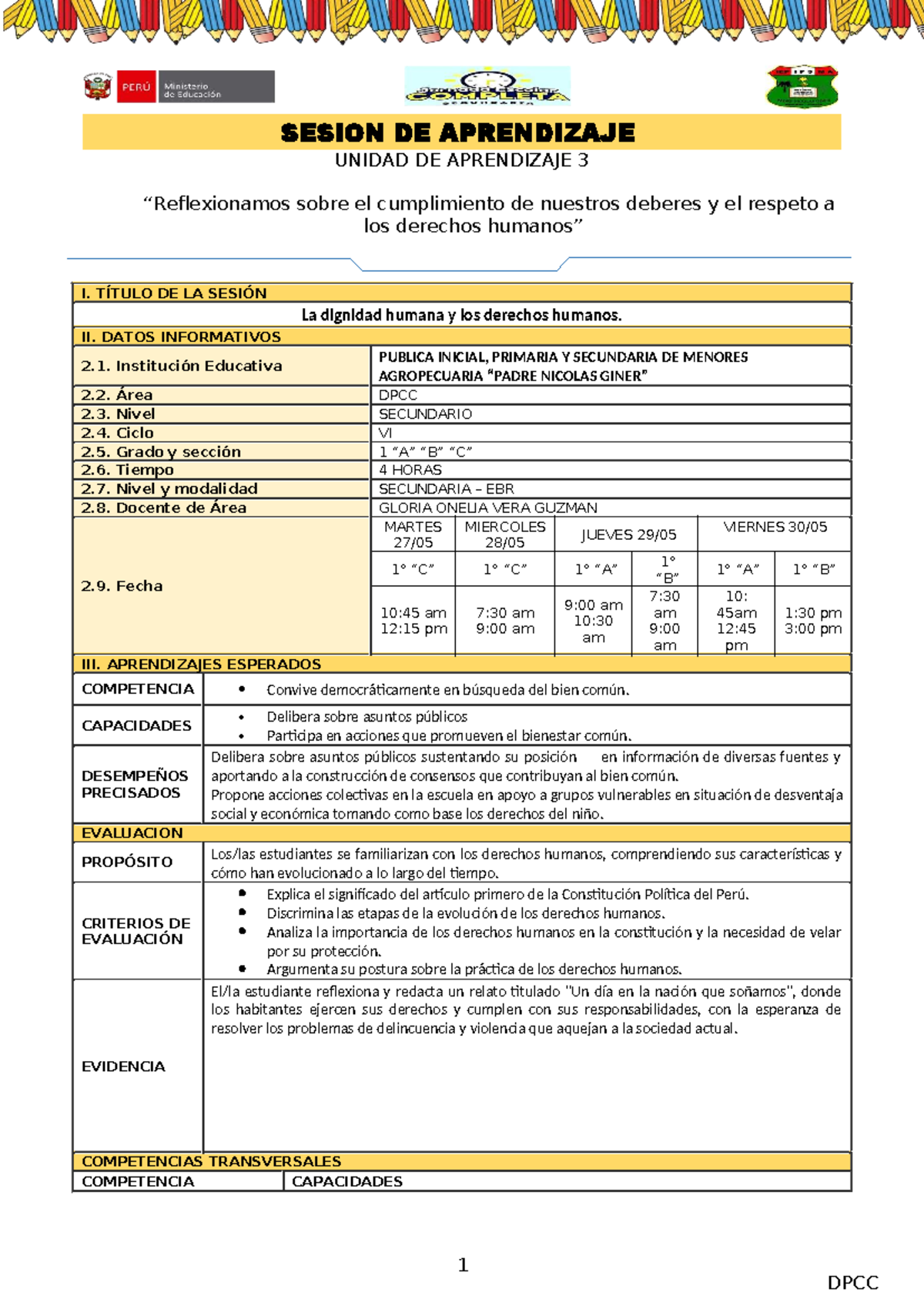 SESION DE APRENDIZAJE DPCC VI: Dignidad Humana y Derechos Humanos - Studocu