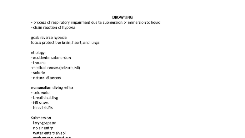 Drowning - Emergency Nursing Notes and Management Strategies - Studocu