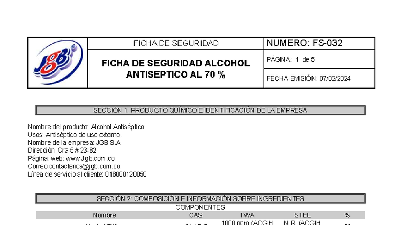 Ficha Tecnica Alcohol Antiseptico 70 Jgb