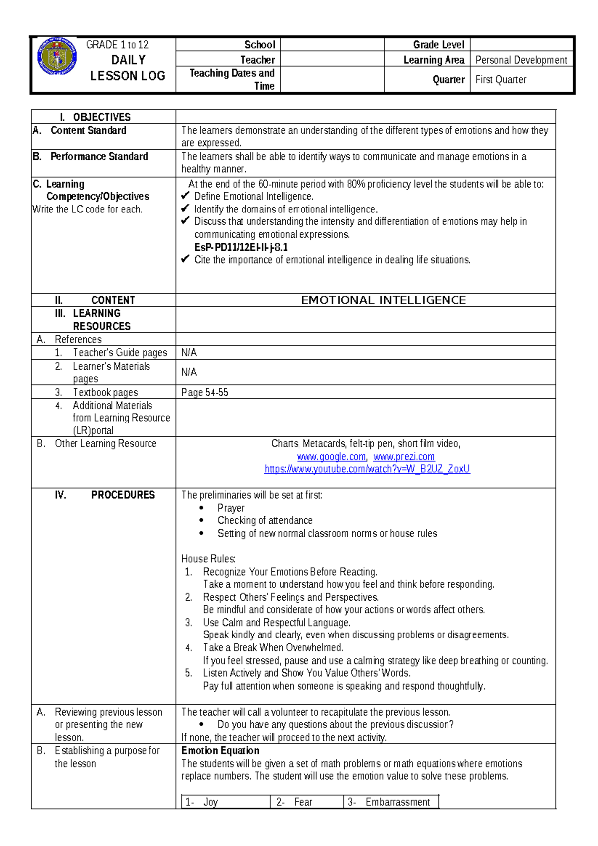 Perdev DLL - n/a - GRADE 1 to 12 DAILY LESSON LOG School Grade Level ...
