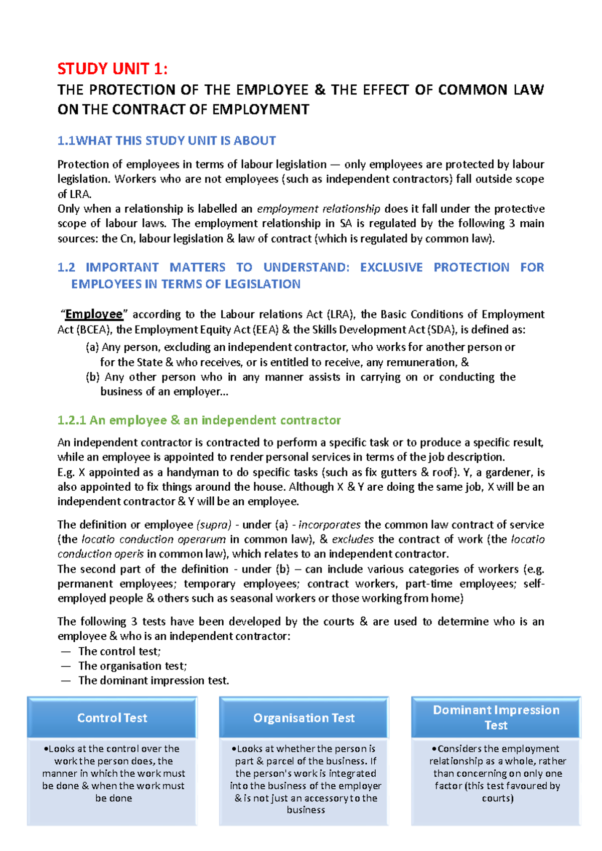 Labour Law MRL 3702: Employee Protection and Common Law Insights - Studocu