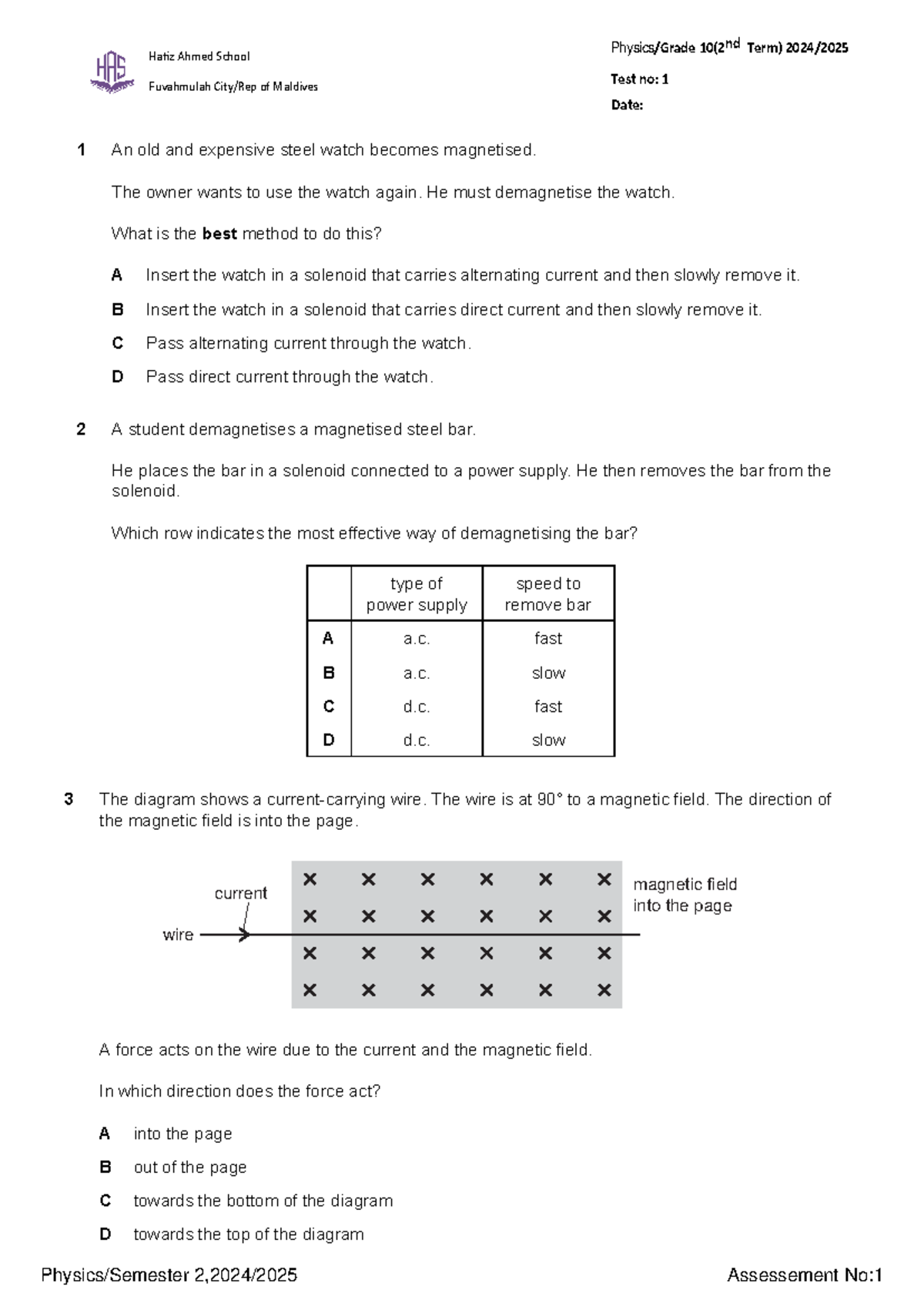 Grade 10 Physics - Test 1: Magnetism and Electromagnetism Concepts ...