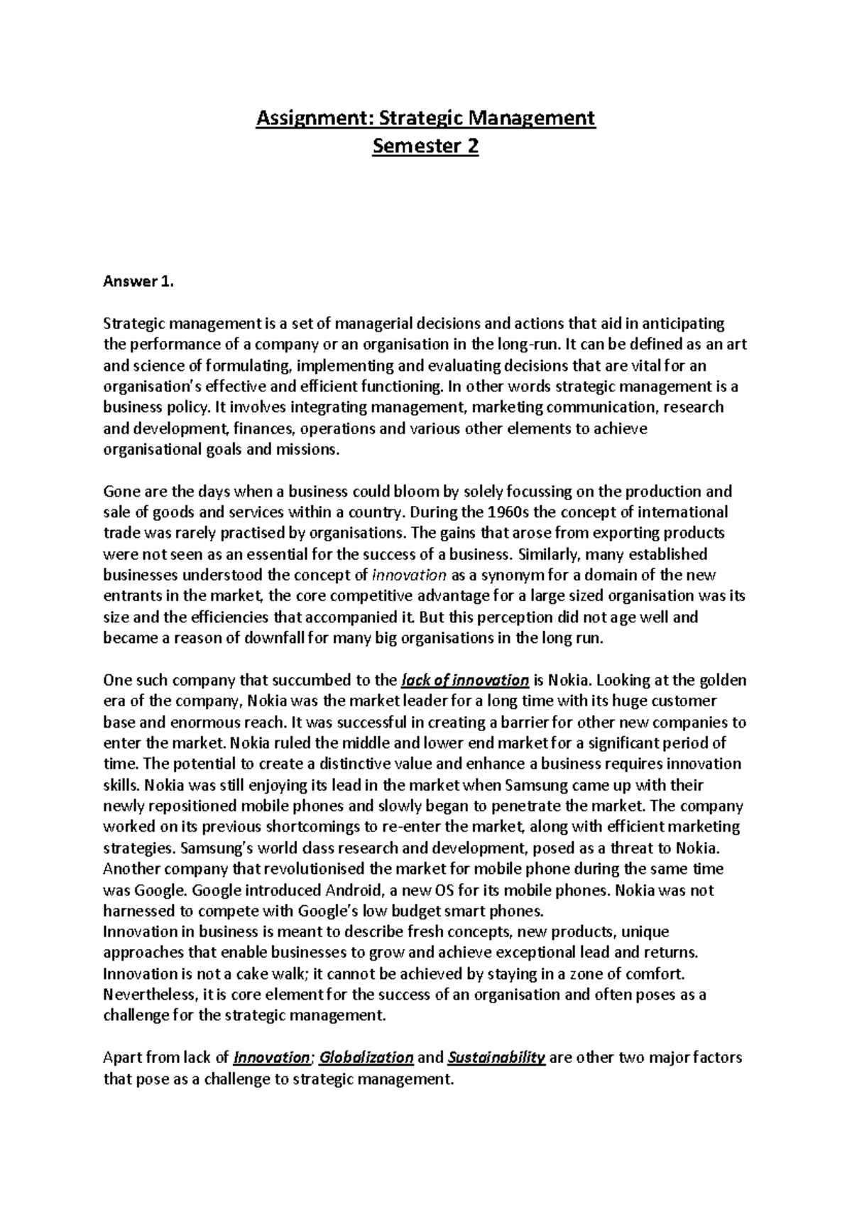 Strategic Management - Semester 2 Assignment Overview - Studocu