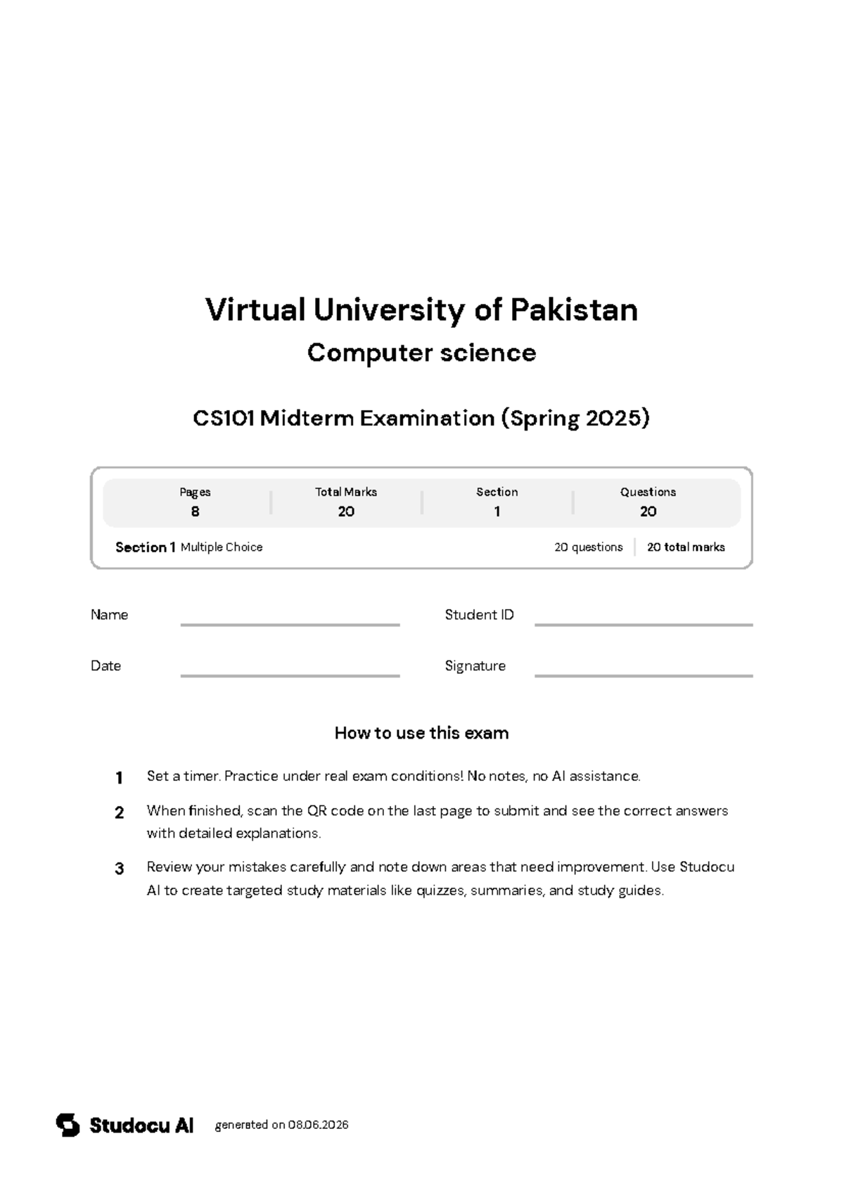 CS101 Midterm Examination (Spring 2025) - Studocu