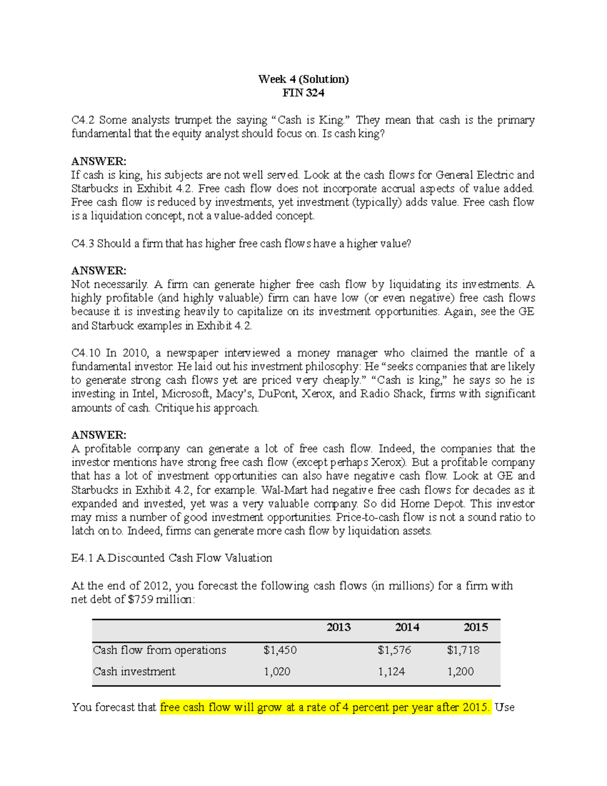 FIN 324 Week 4 Tutorial Solutions on Cash Flow Analysis - Studocu