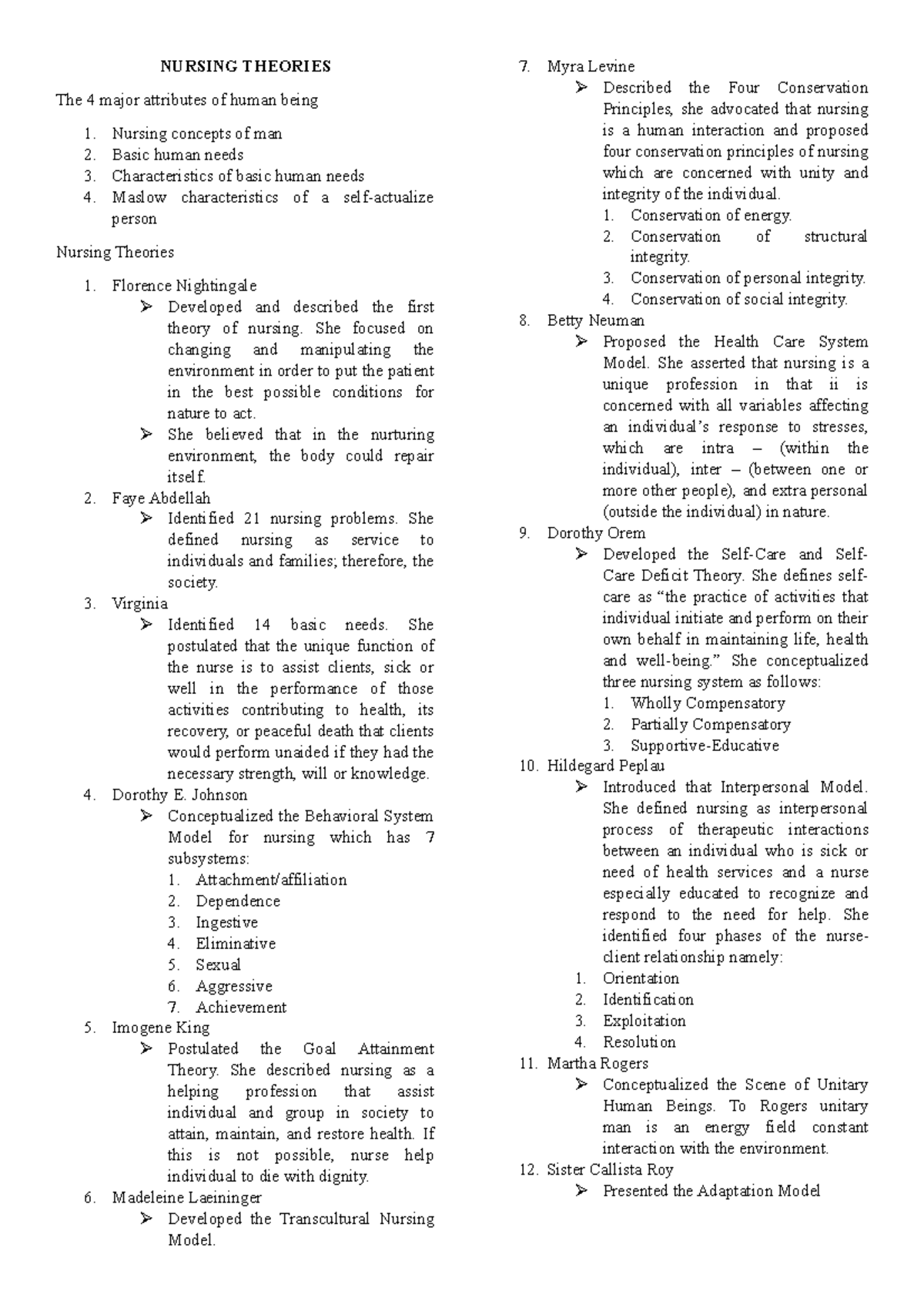 Nursing Theories - NURSING THEORIES The 4 major attributes of human ...