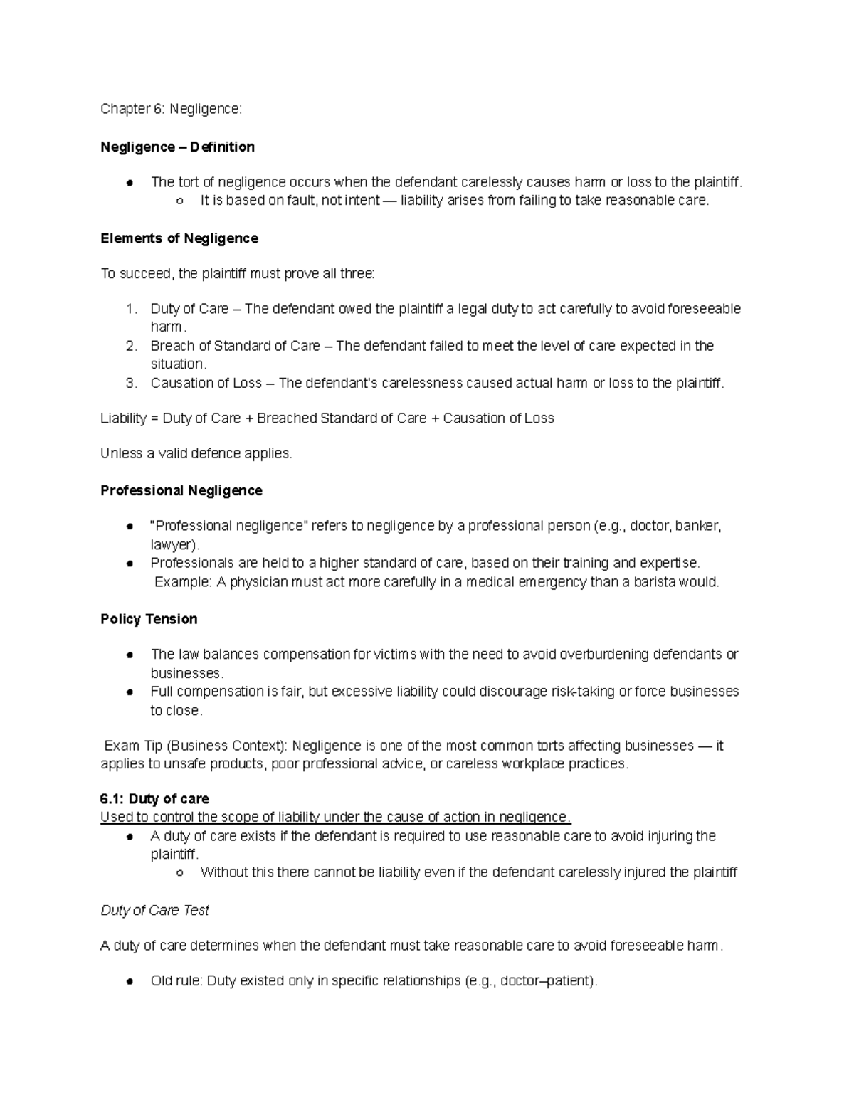 Chapter 6: Negligence - Key Concepts and Legal Principles - Studocu