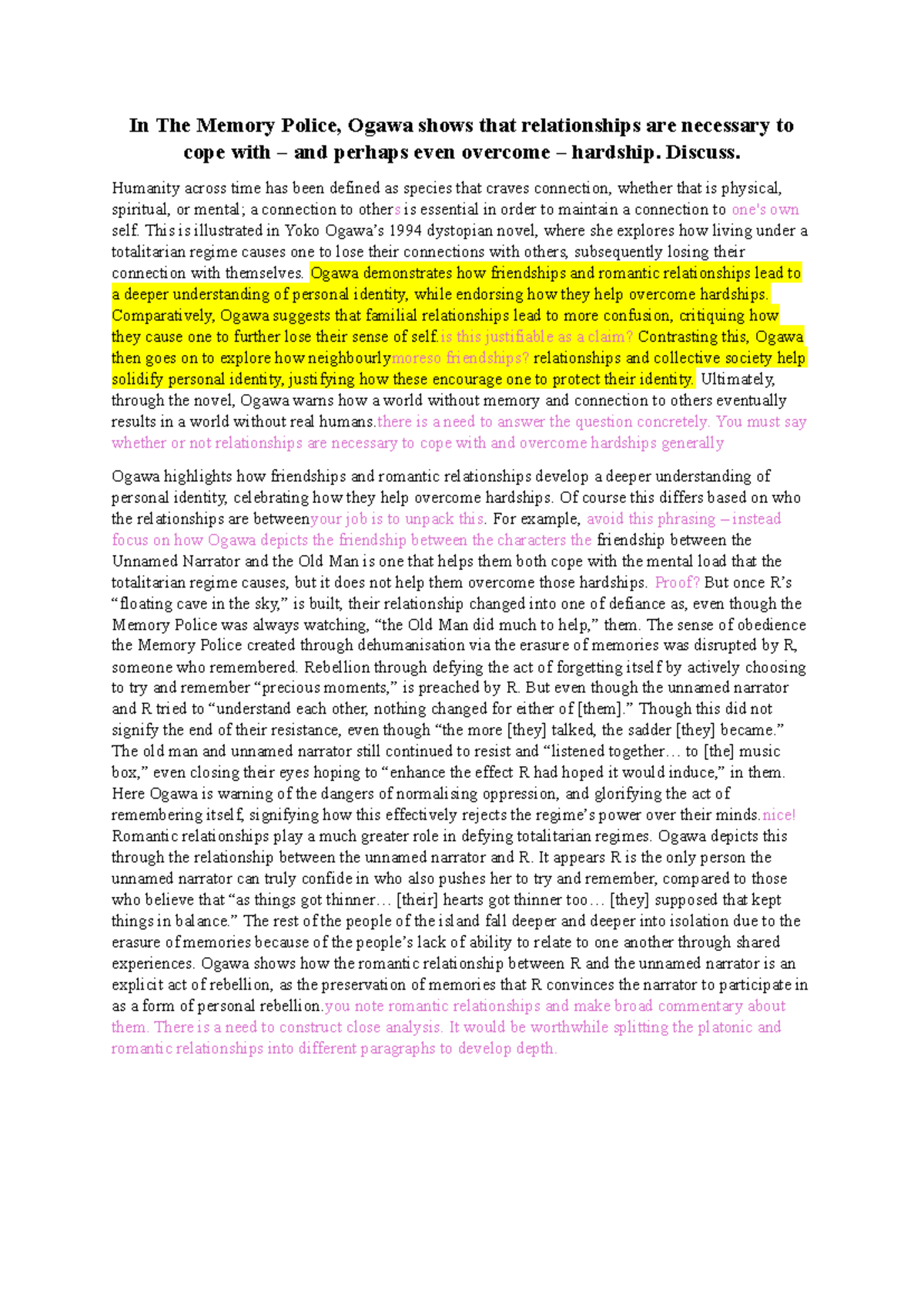 Practice Essay #1 - The Memory Police: Analyzing Relationships and ...