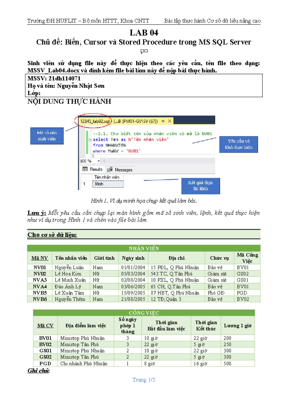 LAB 04: Biến, Cursor và Stored Procedure trong MS SQL Server - Studocu