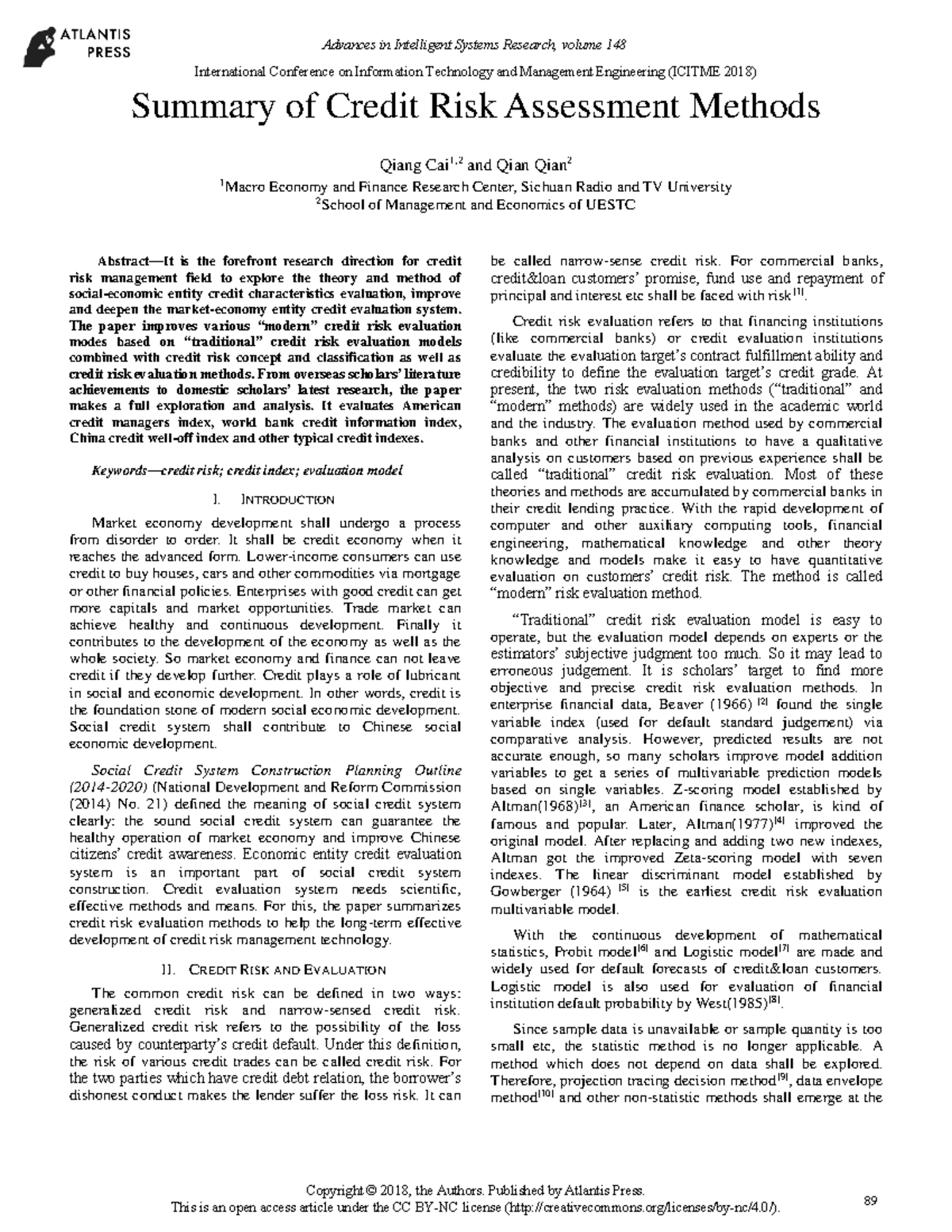 Credit Risk Assessment Methods Overview - 25906421 Document - Studocu