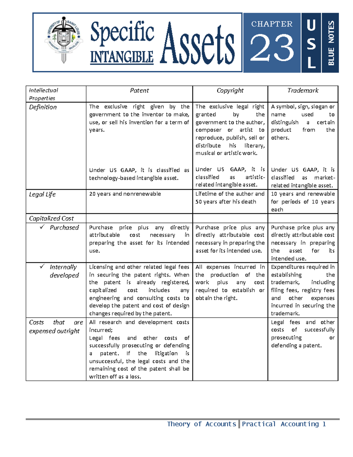 23 U S L Blue Notes Chapter 23: Specific Intangible Assets Overview ...