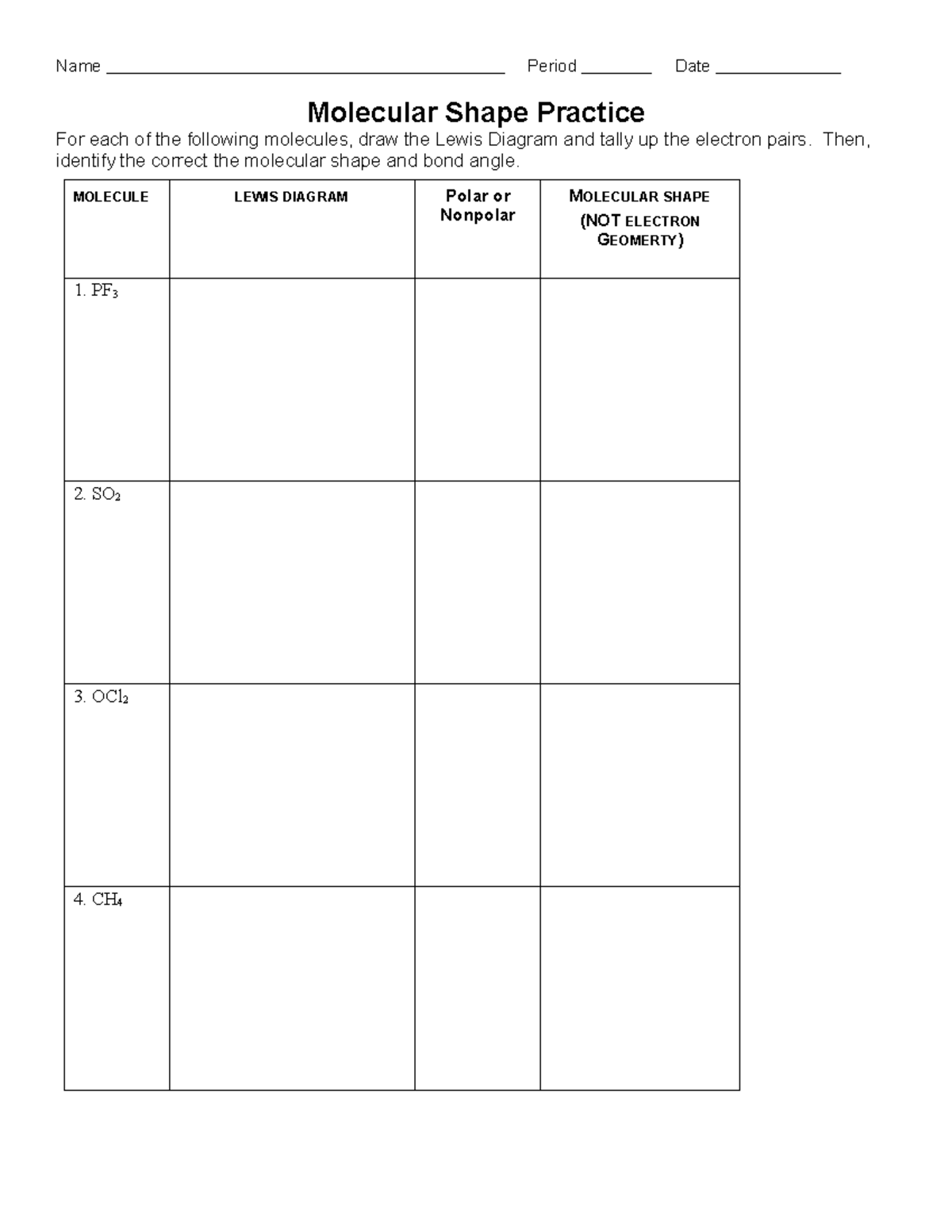 Gsmst Molecular Shapes Practice 2 - Name Period Date Molecular Shape ...