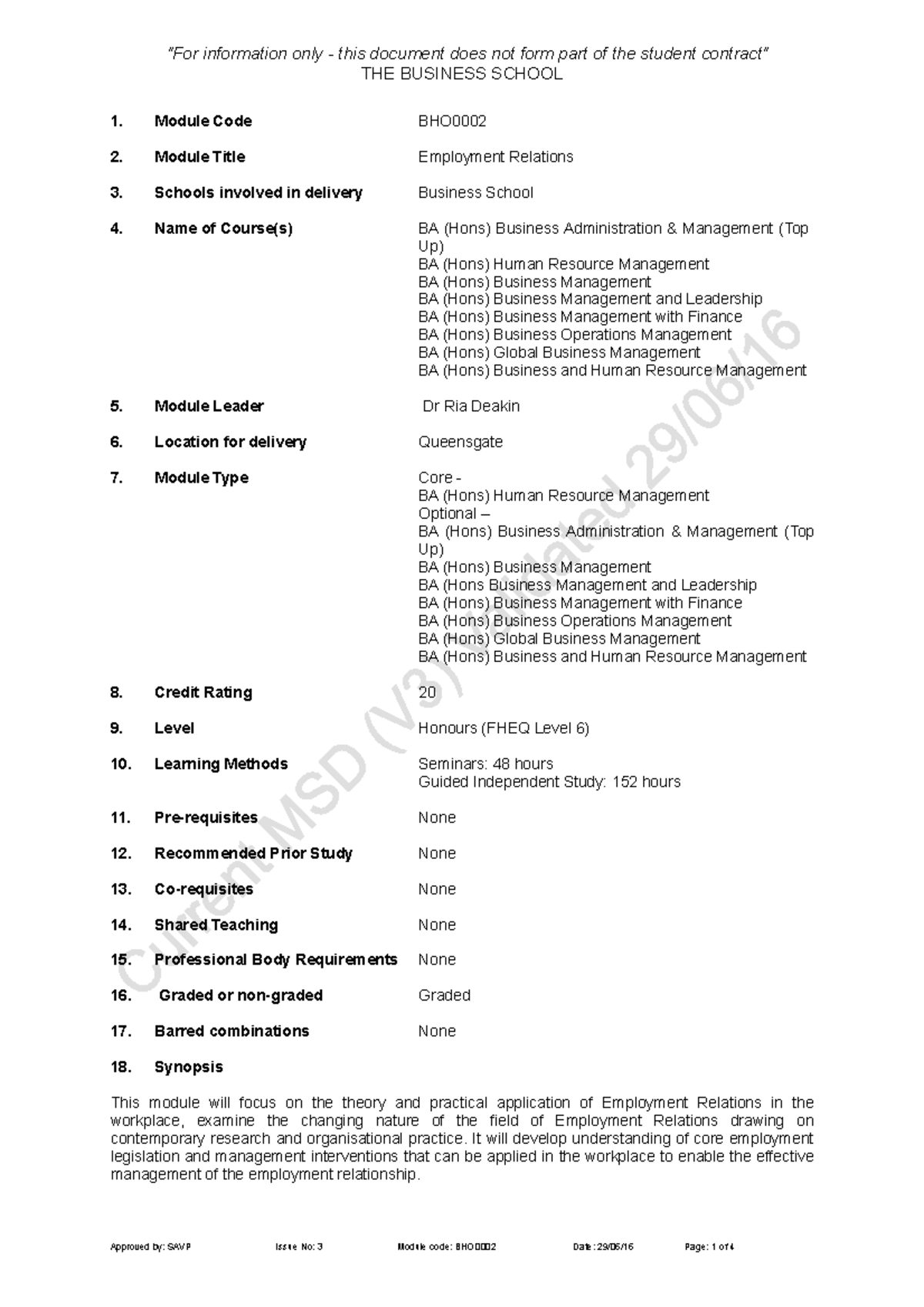 Employment Relations - information only this document does not form ...