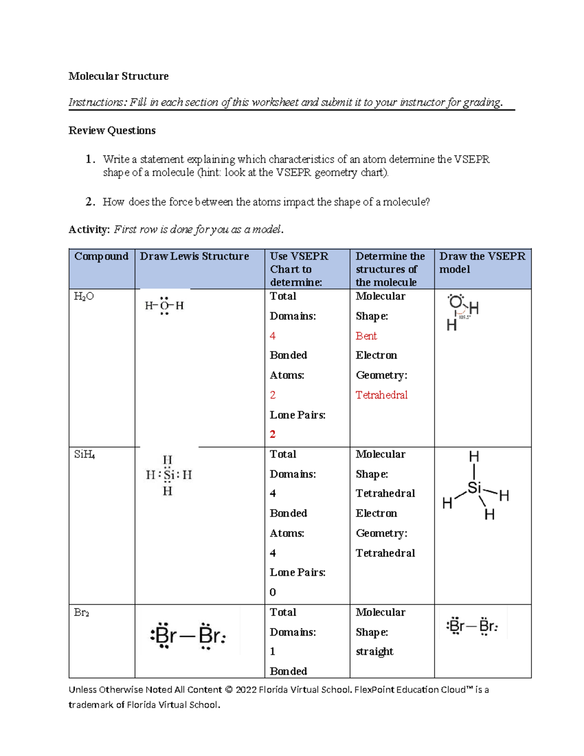 Molecular Structure Worksheet: VSEPR Shapes & Lewis Structures - Studocu