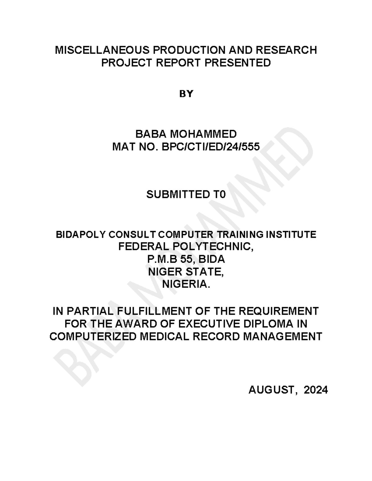 Executive Diploma Project Report: Computerized Medical Record ...