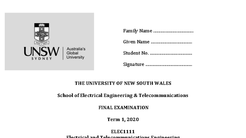 ELEC1111 - 2020 T1 Final Exam: Electrical & Telecommunications ...