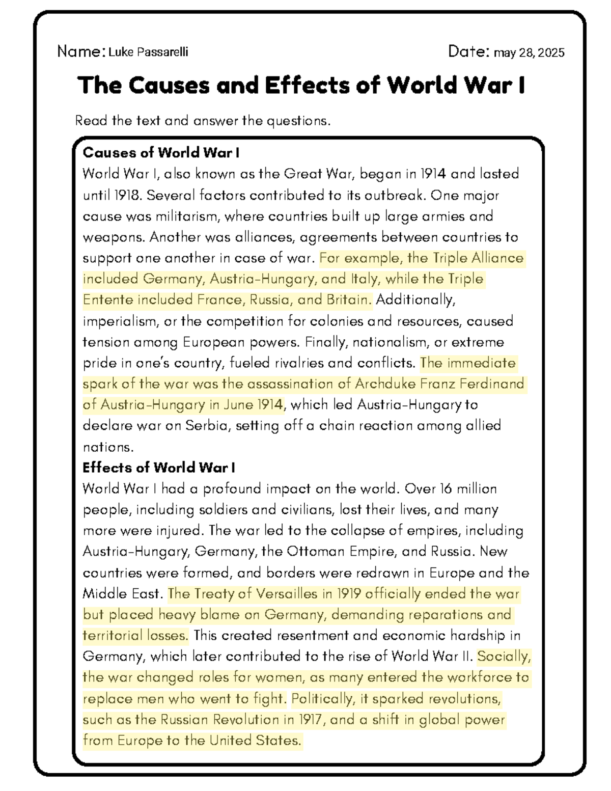 Causes and Effects of World War I - History 101 Final Exam Notes - Studocu