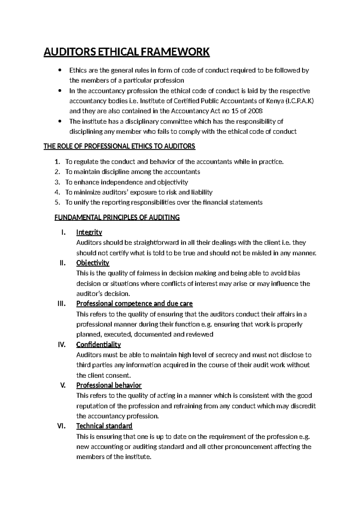 AUD 101: Auditors' Ethical Framework and Professional Conduct - Studocu