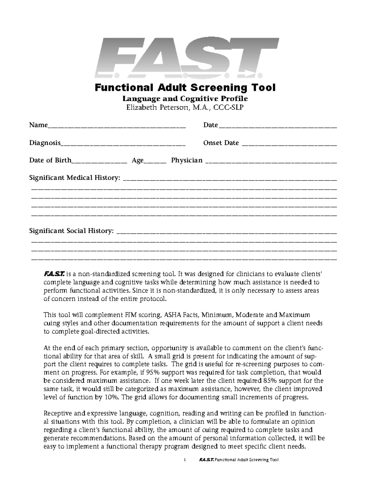 F.A.S.T. Functional Adult Screening Tool: Language & Cognitive ...