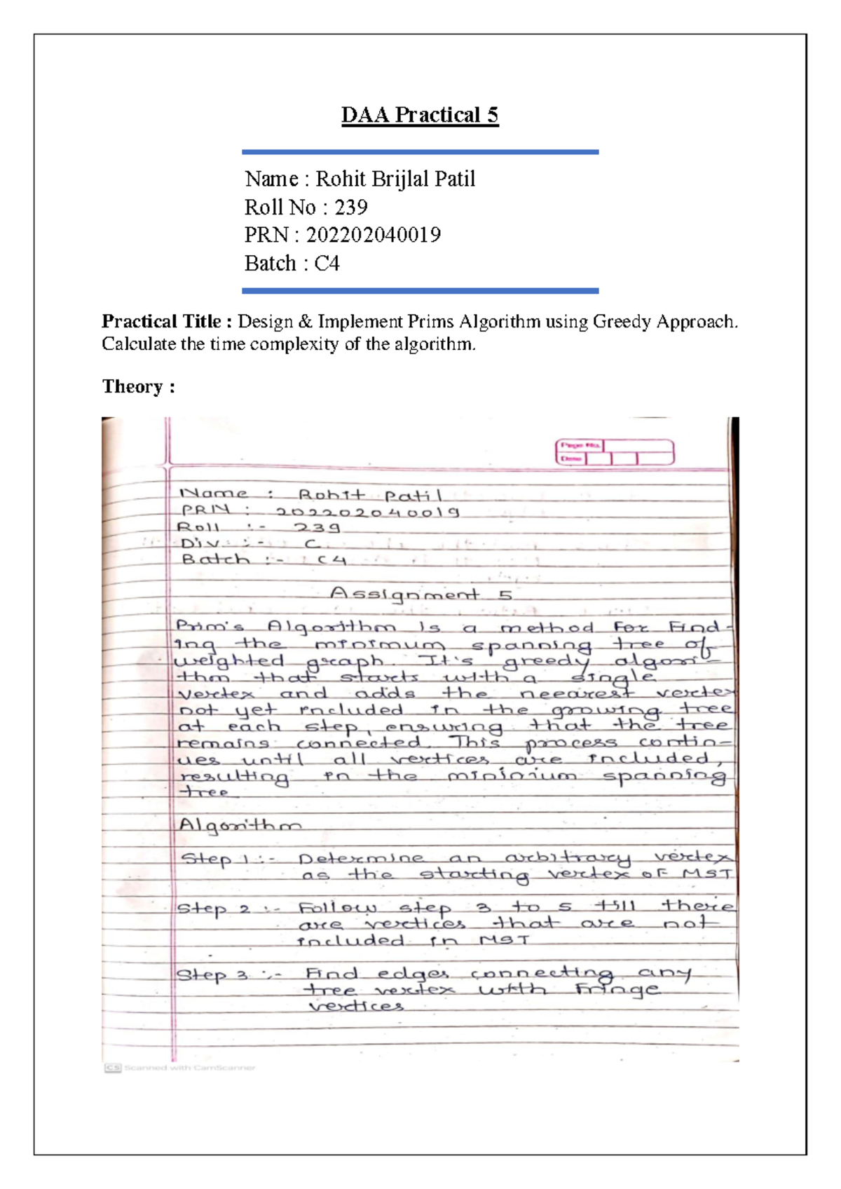 239 DAA Assignment 5 - Implementation of Prim's Algorithm - Studocu