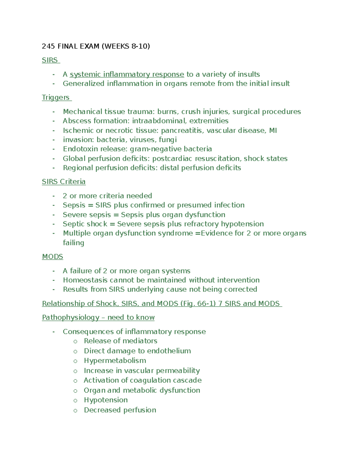 245 week 8-10 notes - 245 FINAL EXAM (WEEKS 8-10) SIRS A systemic ...