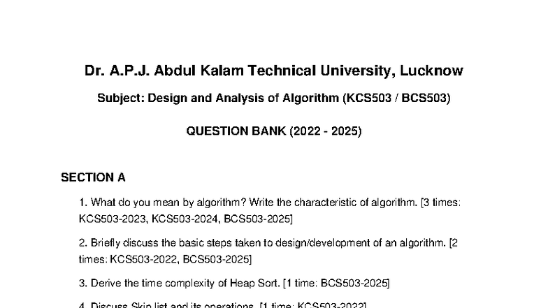 KCS503 BCS503 Design and Analysis of Algorithms Question Bank (2022 ...