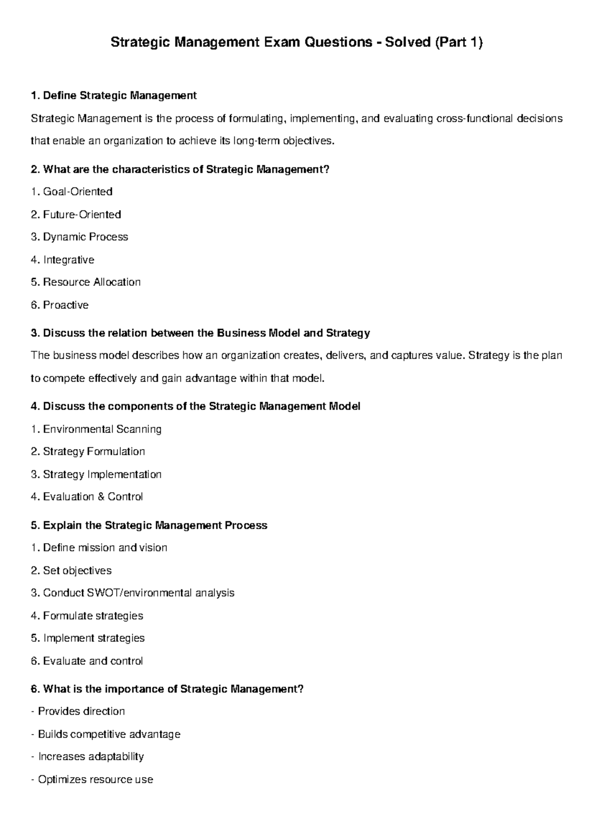 Strategic Management Exam Questions & Answers (Part 1) - Studocu