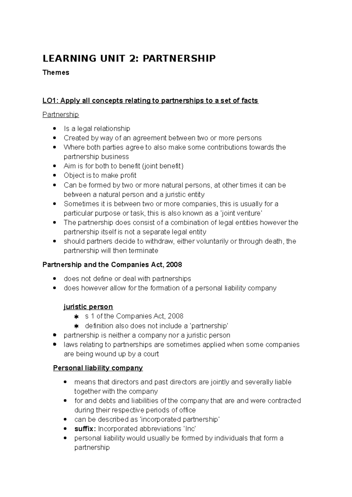 BUEL LU2 - Partnership Concepts and Legal Framework Summaries - Studocu