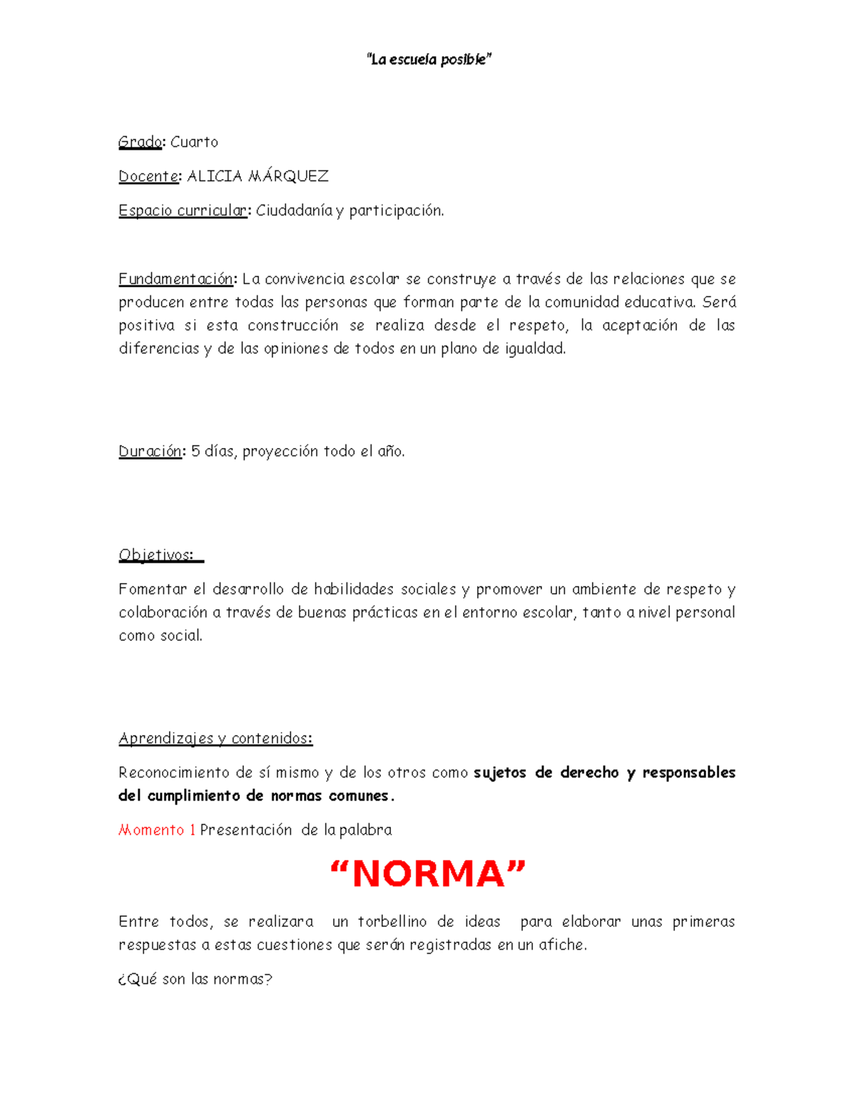Proyecto de Normas de Convivencia - Cuarto Grado - Studocu