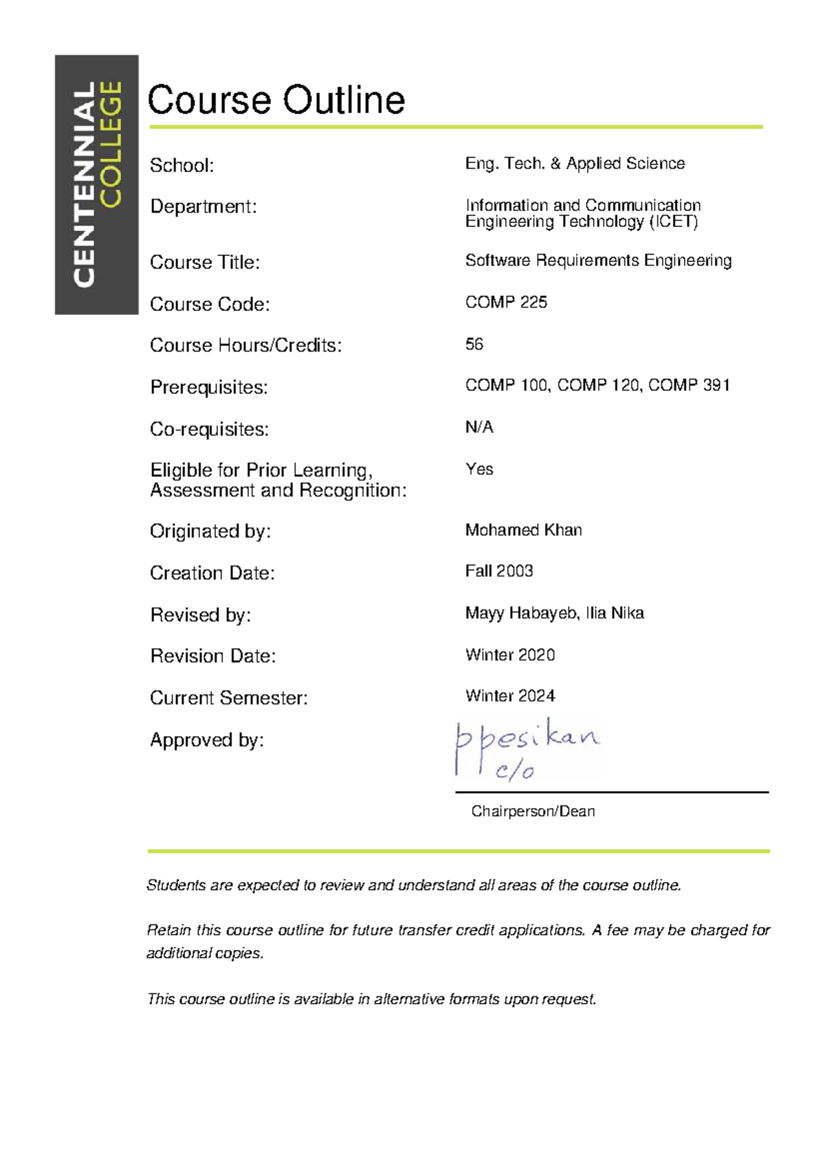 COMP 225 Course Outline: Software Requirements Engineering Winter 2024 ...