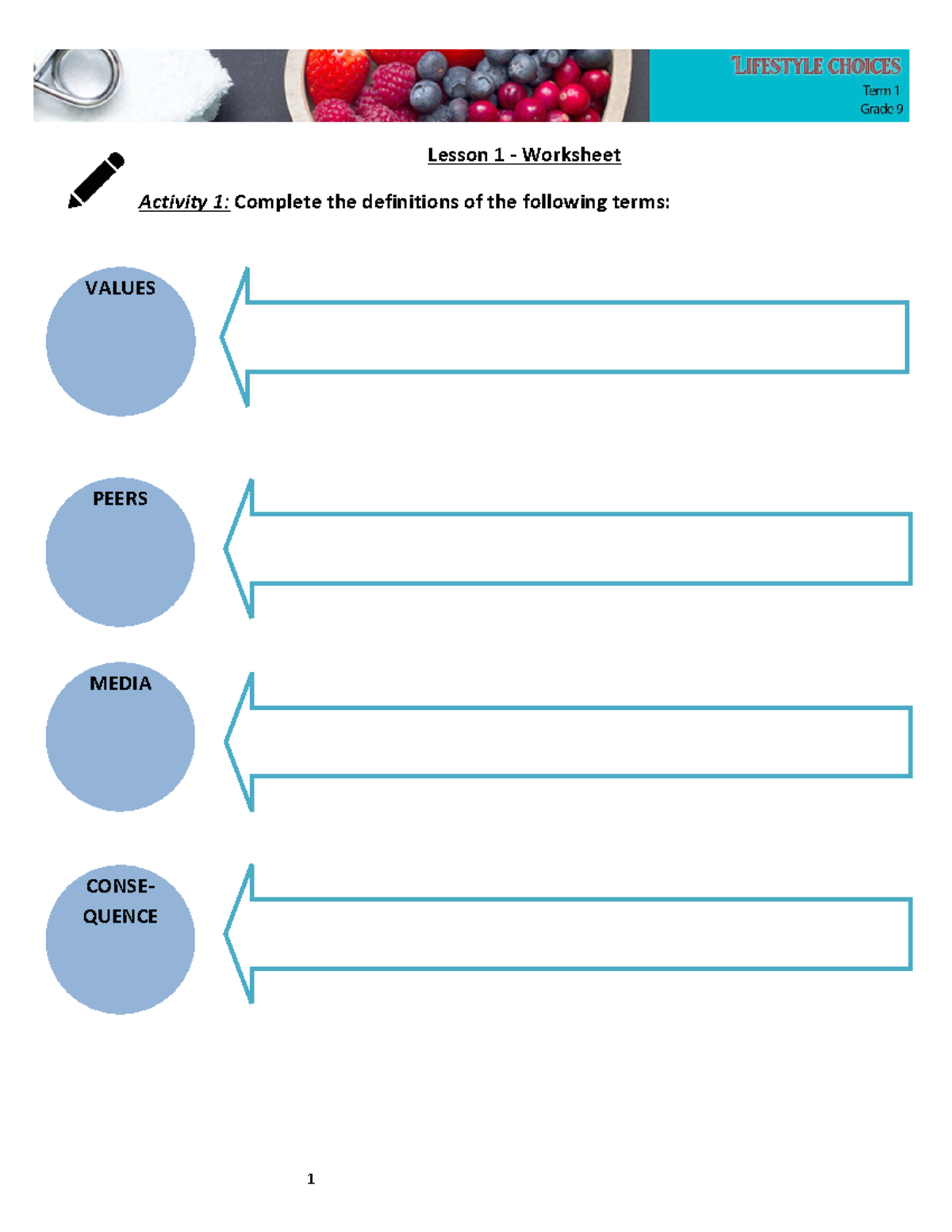 Lesson 1 Worksheet: Exploring Values and Goals Activity - Studocu