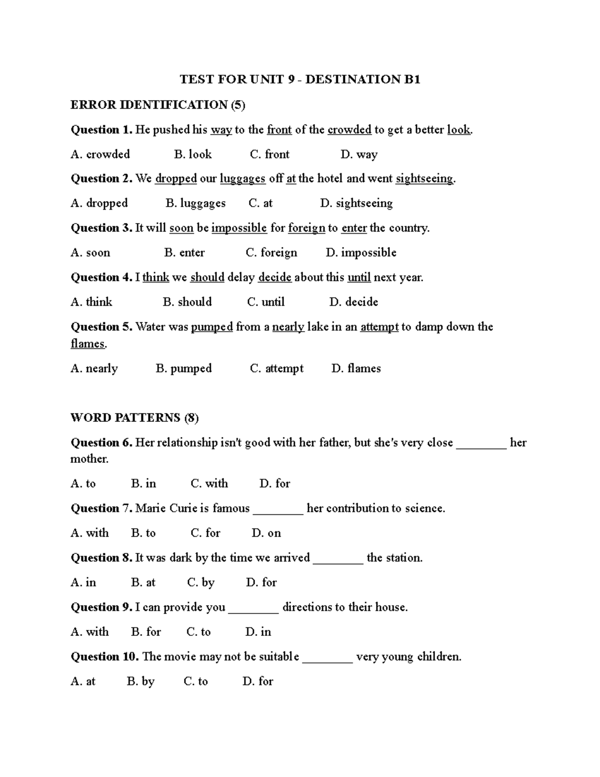 Test for Unit 9 - Destination B1: Error Identification and Word ...