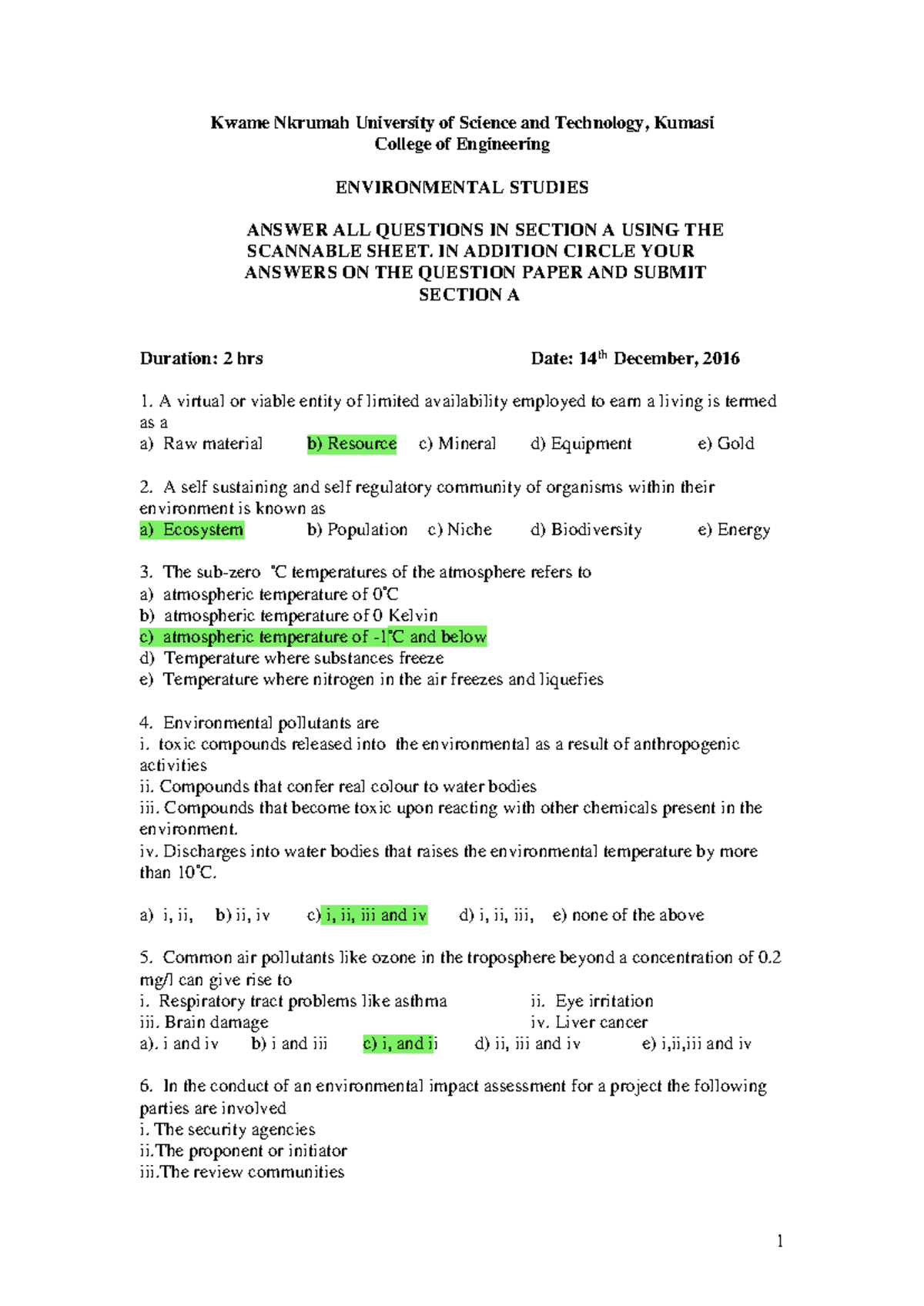 KNUST Engineering ENVIRONMENTAL STUDIES Practice Questions for Final ...