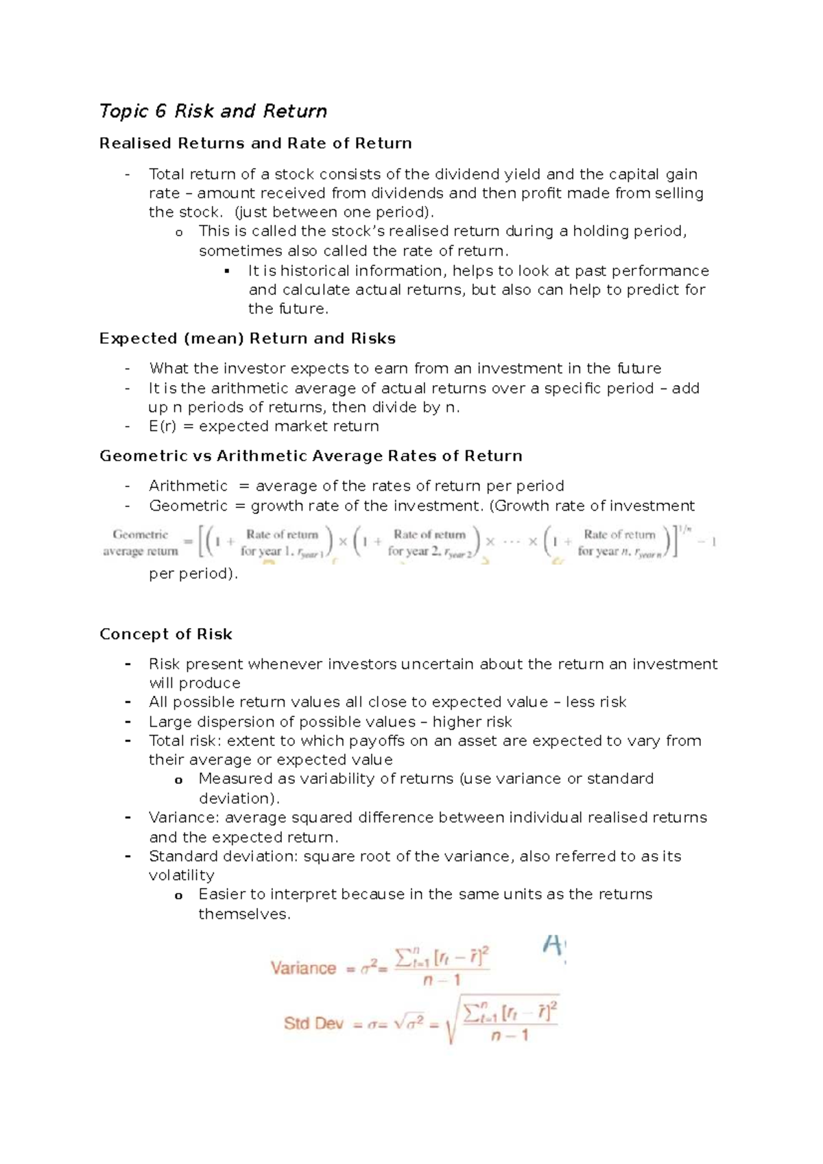 Topic 6 Risk and Return - Week 6 Lecture Notes - Studocu