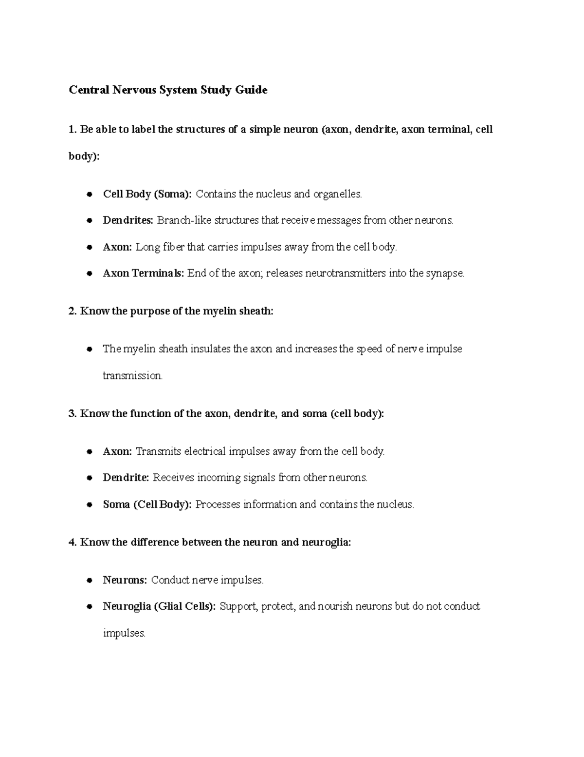 Central Nervous System Study Guide for Course Code CNS101 - Central ...