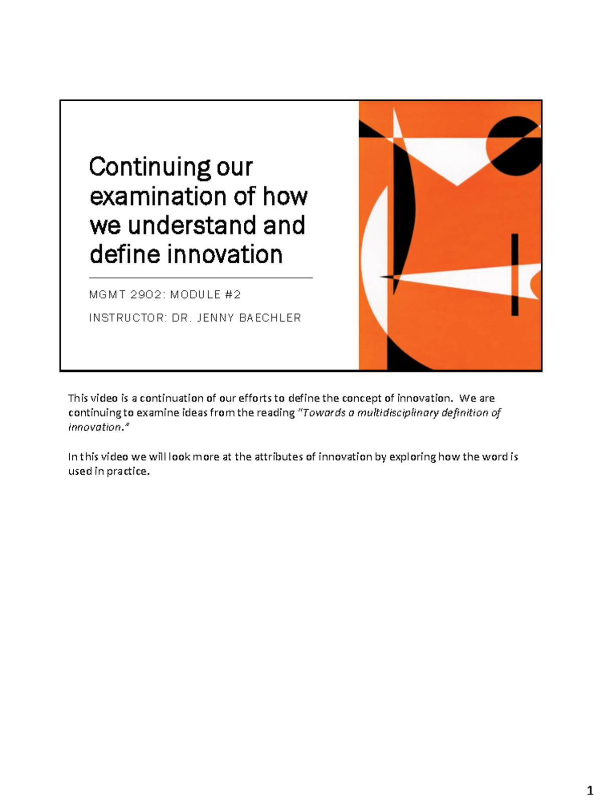 MGMT 2902 - Module 2: Understanding and Defining Innovation (Part II ...